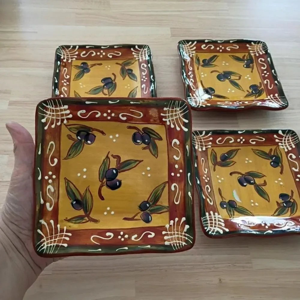 Certified International French Olives Collection Square Canape Plates set of 4